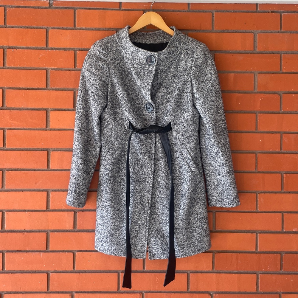 LAFAYETTE 148 New York Black Gray Wool Alpaca Leather Belted Coat Size 0